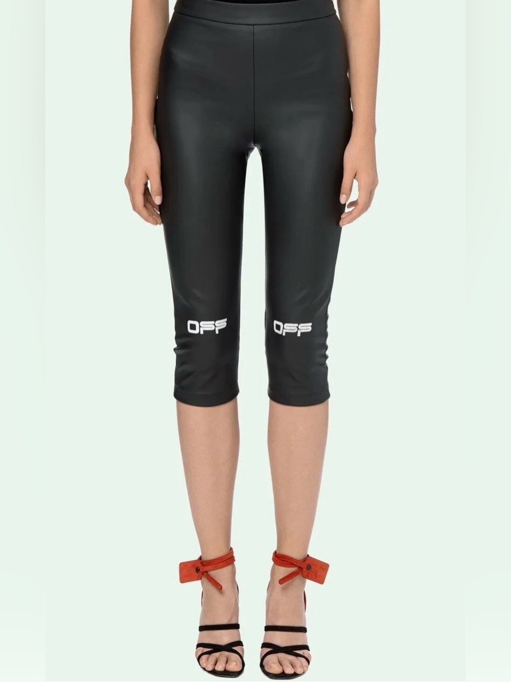 OFF-WHITE VIRGIL Black Cropped Vegan Leather Leggings with White 'OFF' Logos